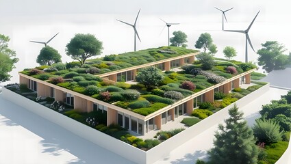 Obraz premium Modern building with a lush green roof and wind turbines