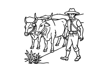 Fototapeta premium Farmer with oxen and plow in a field vintage illustration silhouette isolated on white background