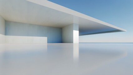 Minimalist Pavilion with Cantilevered Roof and Reflective Floor – Modern Architecture Featuring White Columns and Open Sky