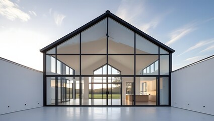 Modern glass building with gable roof and white walls