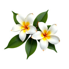 Fototapeta premium Close up of three plumeria flowers with green leaves isolated on transparent background