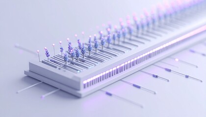 Soft pastel-themed data switch setup with lavender lights and light grey background, blending tech with feminine color palette in creative visualization.