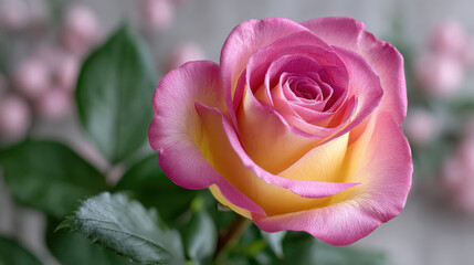 Fototapeta premium Rose flower with petals changing color as it matures, soft pink and yellow tones create delicate and elegant bloom