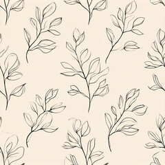 Single Line Floral and Leaf Seamless Pattern on Beige Background