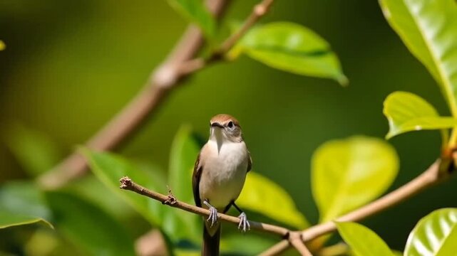 A Common Tailorbird (Orthotomus sutorius) perched on a tree in the city of Junagadh in Gujarat