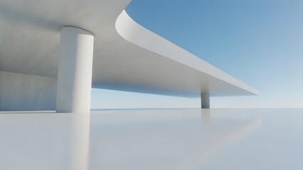 Minimalist Pavilion with Curved Roof and Columns – Modern Architecture Scene Featuring Reflective Surface and Clear Blue Sky