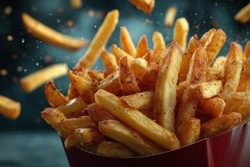 Crispy golden french fries in a container with some fries dramatically flying out. The image captures the delicious and tempting appeal of this popular snack.