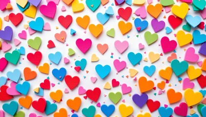 a fun and whimsical heart background featuring multicolored hearts in rainbow tones scattered unevenly like confetti on a white backdrop. joyful and energetic, ideal for party or birthday themes.