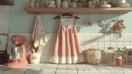 A vintage-inspired kitchen scene with a cheerful, red and white checkered dress.