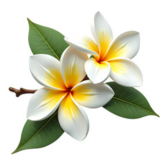 Fototapeta premium Close up of three plumeria flowers with green leaves isolated on transparent background