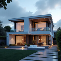 Stunning modern home with outdoor patio and lush green lawn perfect for luxury real estate marketing and upscale lifestyle advertising, showcasing refined architectural design and elegant living