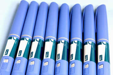 Many blue Injections for weight loss and type 2 diabetes Ozempic, Close-up
