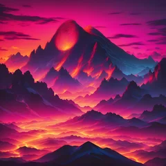 Fototapeten A vivid landscape painting of mountains with glowing lava and a pink and orange sky above them © Salman