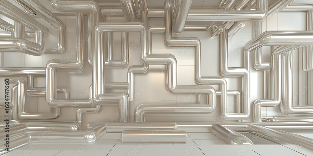 Poster abstract pipes background: a shiny, metallic maze of crisscrossing pipes, creating a complex and int