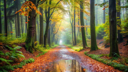 Wet forest path covered in autumn leaves after rain trail fall