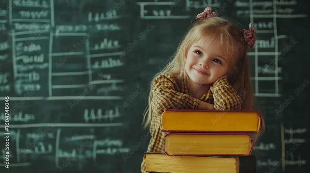 Aufkleber smiling elementary school student leaning against a stack of colorful books in front of a classroom 