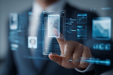 Businessman accesses digital interface with fingerprint scan for secure data verification and identity management