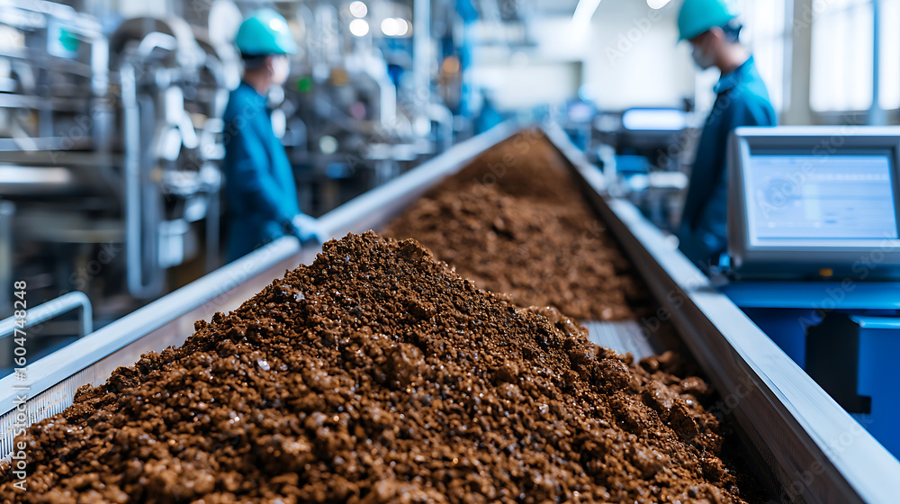 Poster automated conveyor belt in an industrial setting: transporting a heap of processed dark granular mat