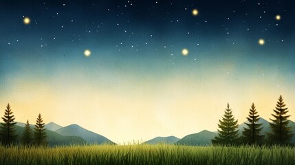 Naklejka premium Serene Starry Night Over Mountains and Pine Trees Under A Soft Gradation of Twilight Colors