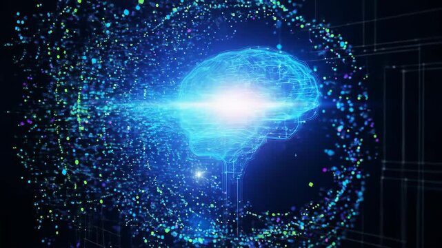 Brain Circuit Simulation With Flowing Particle Stream Over Dark Background