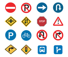 Traffic signs vector set. Includes of road signs, stop sign, speed limit, pedestrian crossing, traffic light, and More.