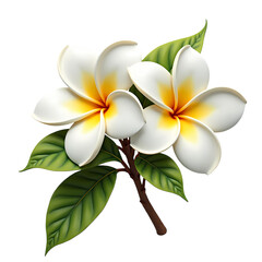 Fototapeta premium Close up of three plumeria flowers with green leaves isolated on transparent background