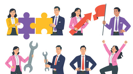 Set of six business illustrations showing collaboration, progress, achievement, and problem-solving through puzzle, arrow, flag, wrench, and celebration