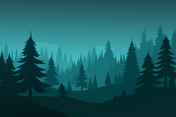 Mysterious and Misty Forest with Tall Dark Trees Vector Illustration