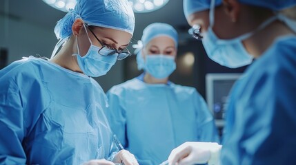 A group of surgeons in a hospital operating room, wearing blue surgical gowns and masks, performing a surgery.