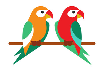 Two Colorful Parrots Sitting on Tree Branch Vector Illustration