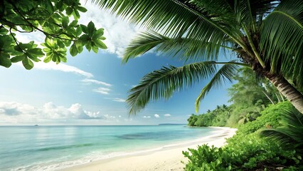 Fototapeta premium Tropical beach paradise with palm trees white sand and turquoise waters