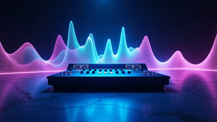 Futuristic Music Mixer with Glowing Audio Waveform in Space