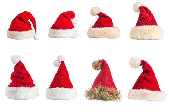 Festive Santa Hat Collection: An array of vibrant red Santa hats, each with a unique plush trim and playful pom-pom, is ready for winter holiday season. 