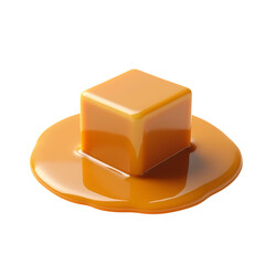 Caramel cube with caramel drizzle view isolated on transparent background