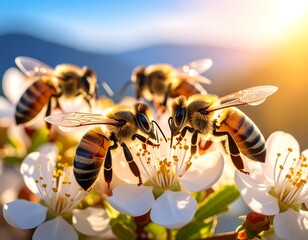 Bees on spring blossoms, vibrant
