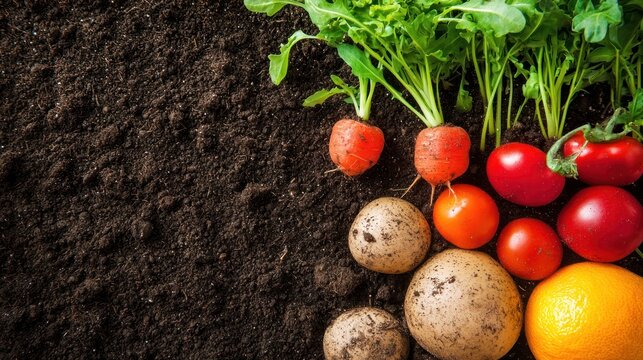 A variety of fresh vegetables and fruits, including carrots, tomatoes, and potatoes, arranged on a dark soil background.