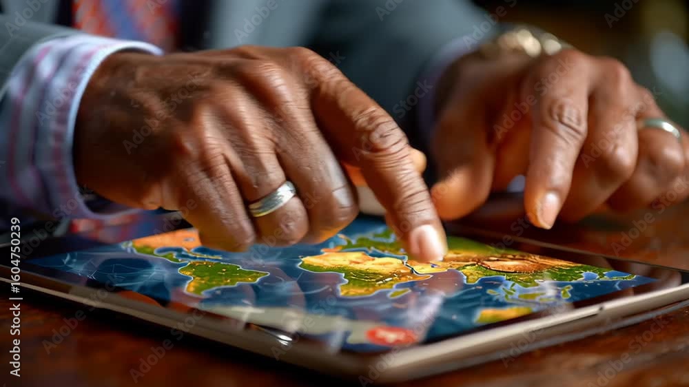 Poster exploring global trade businessman utilizes touchscreen tablet for innovative technology and interac