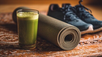 Green juice, yoga mat, and sports shoes