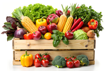 A bountiful wooden crate overflowing with a vibrant assortment of fresh colorful and healthy organic vegetables and fruits
