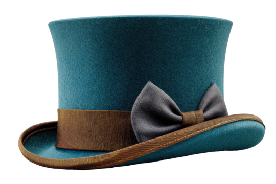 Teal top hat with brown leather band and bow - Powered by Adobe