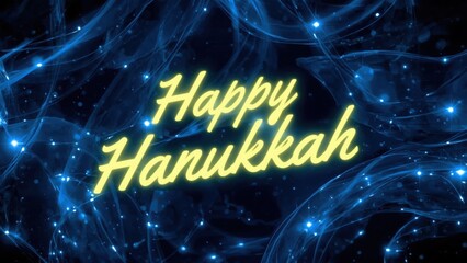 Happy hanukkah message with blue abstract background and glowing light effect for the holiday season