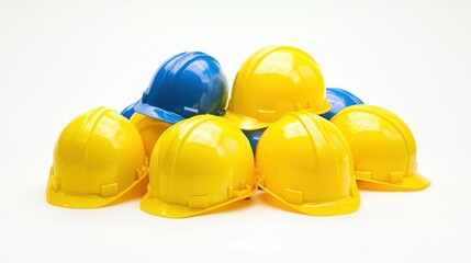 Fototapeta premium A group of six yellow hard hats with a blue hard hat on top, arranged in a pile on a white background.