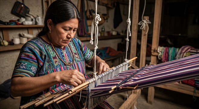 Indigenous woman weaving on a traditional loom. A skilled artisan creating colorful handmade textiles in her workshop.