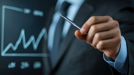 A businessman in a suit holding a pen in front of a graph on a screen.
