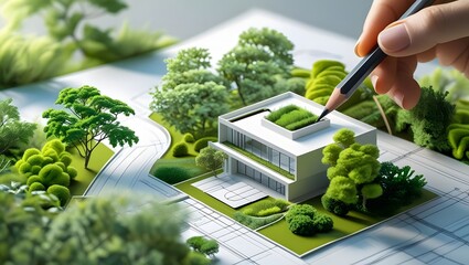 Architect designs sustainable modern house with green rooftop and surrounding lush greenery