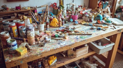 Messy art table with paints, brushes, and supplies