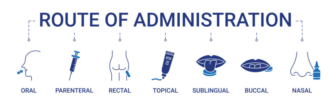 Route of Administration Banner with oral, parenteral, rectal, topical, sublingual, buccal and nasal icon concept illustration