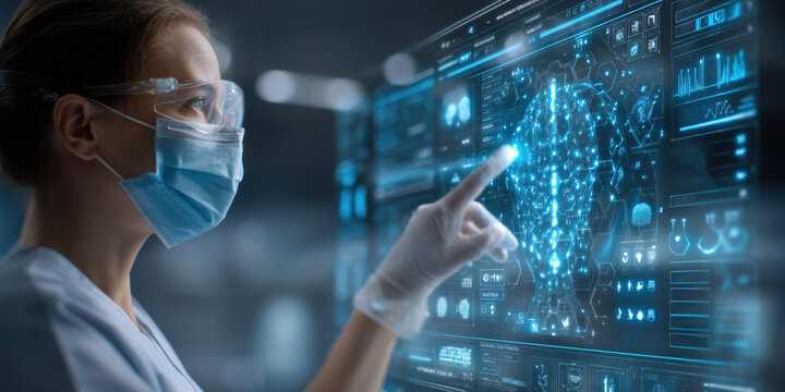 Robotic surgery medical professional interacts with digital touchscreen displaying advanced data in modern hospital environment