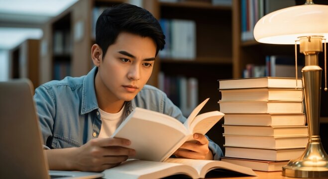 Focused young Asian male student reading a book in the library at night. Concentrated college student studying with a stack of books and a lamp.