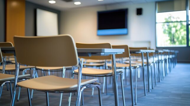 Empty conference room with rows of chairs and a television screen in the background.